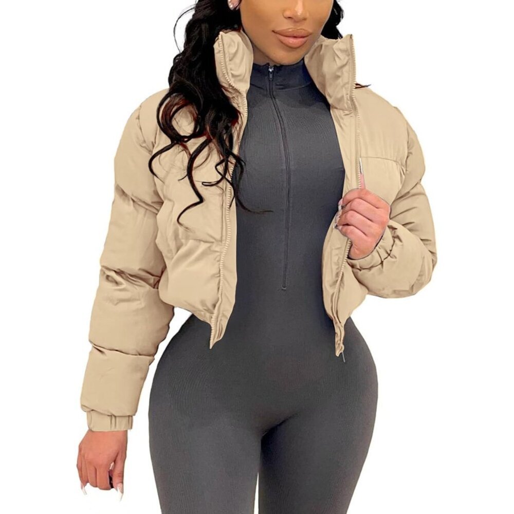 〽️Women’s Lightkhaki Gihuo Cropped Puffer Zip-Up Quilted Winter Bubble Jacket